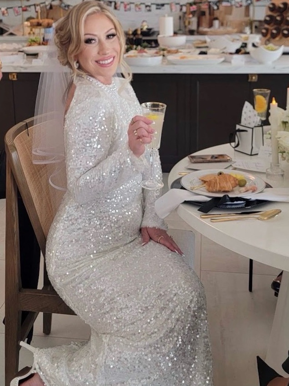 White Sequin Long-Sleeve Bridal Gown